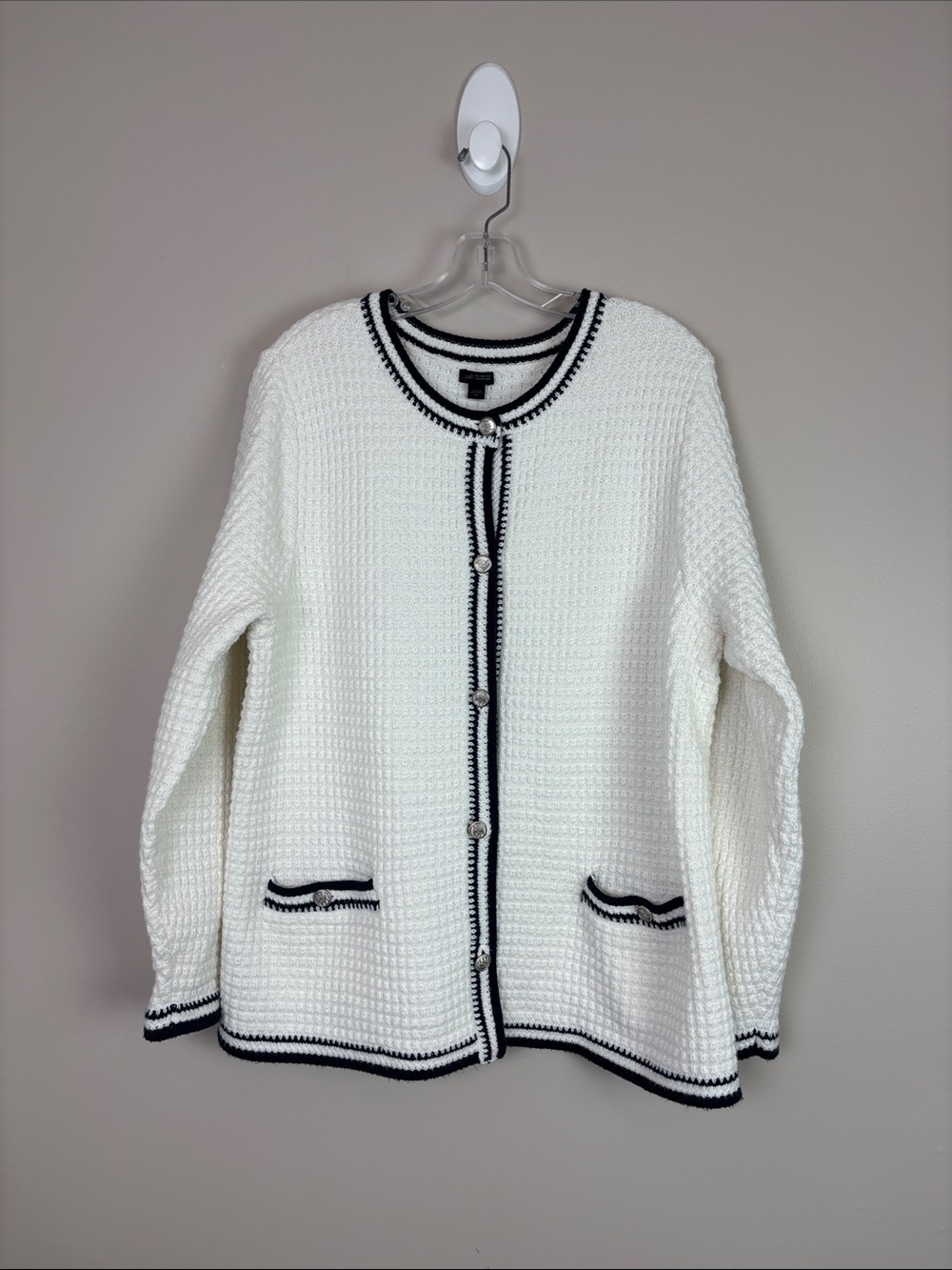 J. Jill Classic White Chunky Knit Cardigan with Navy Blue Trim 2X Cotton Blend